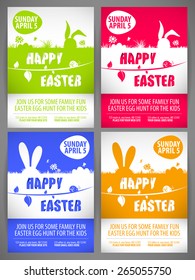 Happy easter colorful vector illustration Flyer templates Set with the big-eared rabbits silhouettes on the meadow