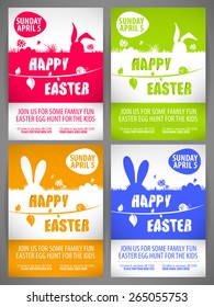 Happy easter colorful vector illustration Flyer templates Set with the big-eared rabbits silhouettes on the meadow