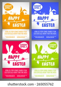 Happy easter colorful vector illustration Flyer templates Set with the big-eared rabbits silhouettes on the meadow