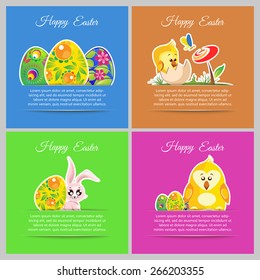 Happy easter colorful vector illustration cards Set meadow with newborn chicken, flower, butterfly, ornament floral eggs