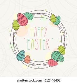 Happy Easter. Colorful Easter Wreath with Easter Eggs and Happy Easter Text. 