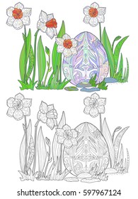 Happy Easter Coloring book page. Egg and spring flowers of a daffodil.