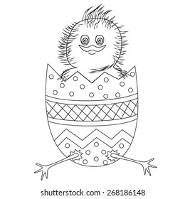 Happy Easter coloring book picture. Vector chicken sitting in the egg shell front view isolated on white backdrop.