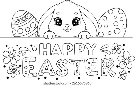 happy easter coloring card, bunny, eggs and flowers, . ready to print on standard