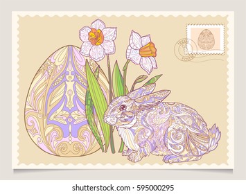  Happy Easter coloring doodle greeting card. Rabbit with egg, and spring flowers.