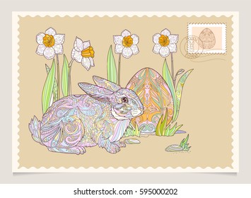  Happy Easter coloring hand drawn doodle greeting card. Rabbit with egg, and spring flowers.