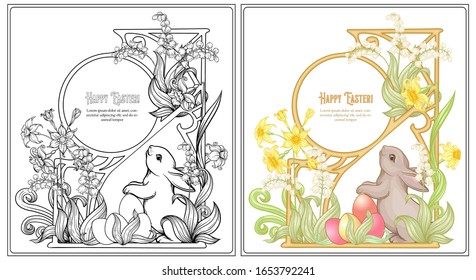 Happy easter Coloring page for the adult coloring book with spring flowers, eggs and rabbit. Vector illustration In art nouveau style. Outline hand drawing vector illustration with colored sample.