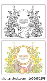 Happy easter Coloring page for the adult coloring book with spring flowers, eggs and rabbit. Vector illustration In art nouveau style. Outline hand drawing vector illustration with colored sample.