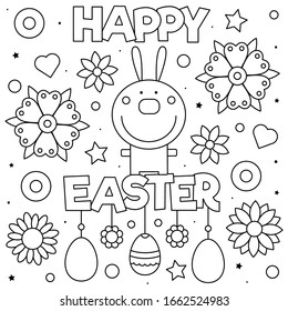 Happy Easter. Coloring page. Black and white vector illustration