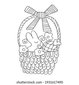 Happy Easter coloring page for children and adults stock vector illustration. Funny cartoon Easter basket with flowers, bunny, eggs and bow. Funny detailed spring festival black outline white isolated