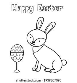 Happy Easter coloring page with cute rabbit and egg in glass. Black and white activity page for kids. Springtime outline worksheet for school and preschool. Vector illustration