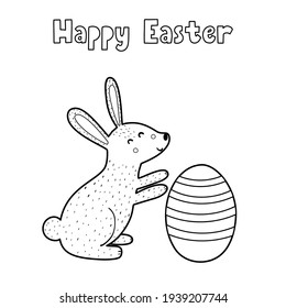 Happy Easter coloring page with cute bunny and egg. Black and white activity page for kids. Springtime outline worksheet for school and preschool. Vector illustration
