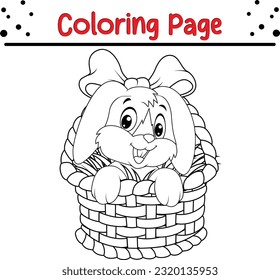 Happy Easter coloring page. Cute bunny sitting in basket with eggs. Black and white vector illustration for coloring book