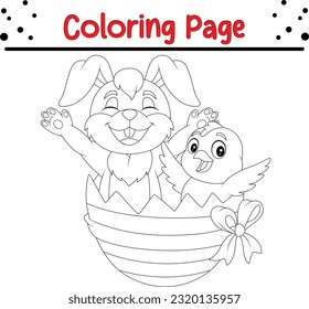 Happy Easter coloring page. Cute bunny sitting in basket with eggs. Black and white vector illustration for coloring book