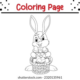 Happy Easter coloring page. Cute bunny sitting in basket with eggs. Black and white vector illustration for coloring book