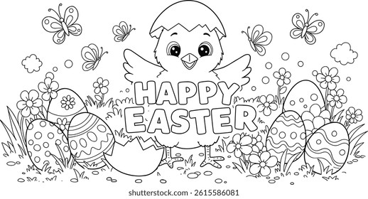 happy easter coloring page, cute chick popping out of an egg