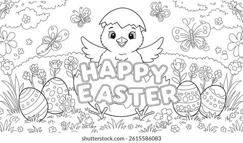 happy easter coloring page, cute chick popping out of an egg