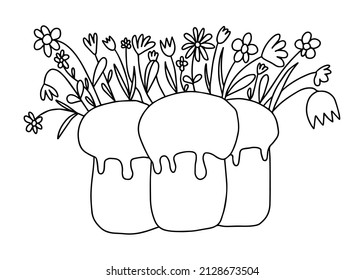 Happy Easter coloring page. Doodle Easter greeting card with cakes and flowers