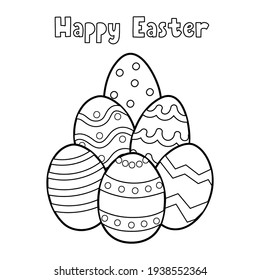 Happy Easter coloring page for kids with eggs. Black and white activity page for kids. Springtime outline worksheet for school and preschool. Vector illustration