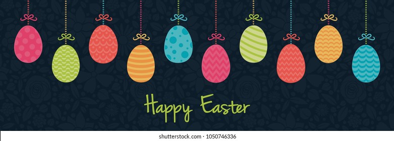 Happy Easter - colourful banner with decorative Easter eggs. Vector.