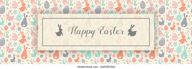 Happy Easter. Colourful eggs, bunnies and flowers on white background. Banner. Vector