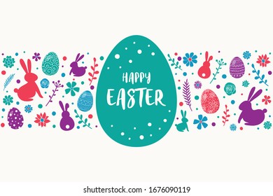 Happy Easter. Colourful eggs, bunnies and flowers on white background. Vector
