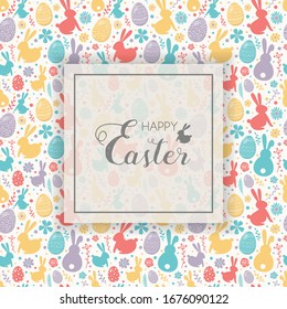 Happy Easter. Colourful eggs, bunnies and flowers on white background. Vector