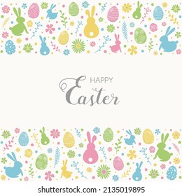 Happy Easter. Colourful eggs, bunnies and flowers on white background. Vector