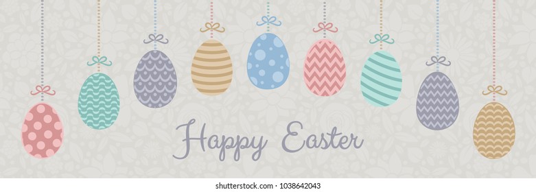 Happy Easter - colourful header with hanging hand drawn eggs and greeting. Vector.