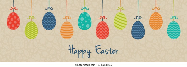 Happy Easter - colourful header with hanging hand drawn eggs and greeting. Vector.