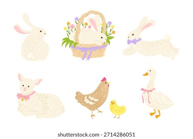 Conjunto de Vector de personajes de animales cómicos de Pascua feliz. Liebre del conejo de Pascua de la primavera de la historieta en la cesta, pollo, cordero de ganso colección animal linda adorable para la tarjeta, Ilustración vectorial de la invitación de la postal