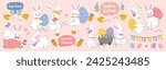 Happy Easter comic element vector set. Cute hand drawn rabbit, chicken, easter egg, spring flowers, leaf branch, butterfly. Collection of doodle animal and adorable design for decorative, card, kids.