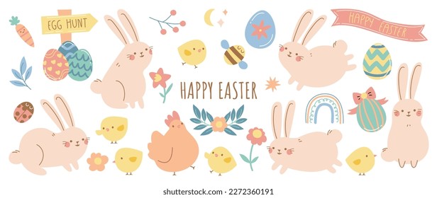 Happy Easter comic element vector set. Cute hand drawn rabbit, chicken, easter egg, spring flowers, leaf branch, insect. Collection of doodle animal and adorable design for decorative, card, kids.