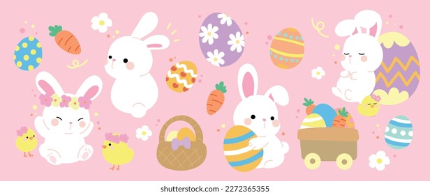 Juego de vectores de elemento de historieta de Pascua feliz. Conejo esponjoso dibujado a mano, huevos de Pascua, flores de primavera, zanahoria, polluelo, canasta. Colección de animales de doodle y diseño adorable para decorativos, tarjetas, niños.