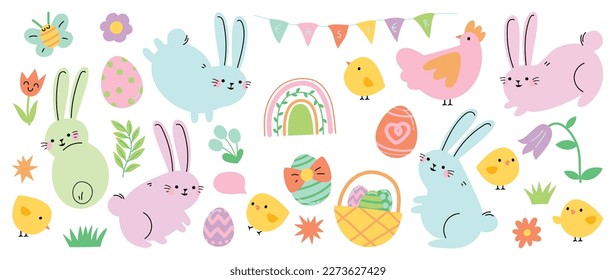 Juego de vectores de elemento de historieta de Pascua feliz. Conejo dibujado a mano, pollo, huevo de Pascua, flores de primavera, rama de hoja, mariposa. Colección de animales de doodle y diseño adorable para decorativos, tarjetas, niños.