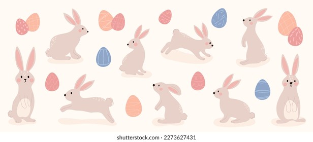 Happy Easter comic element vector set. Hand drawn cute rabbit, playful bunny in different characters and easter eggs. Collection of doodle animal and adorable design for decorative, card, kids.