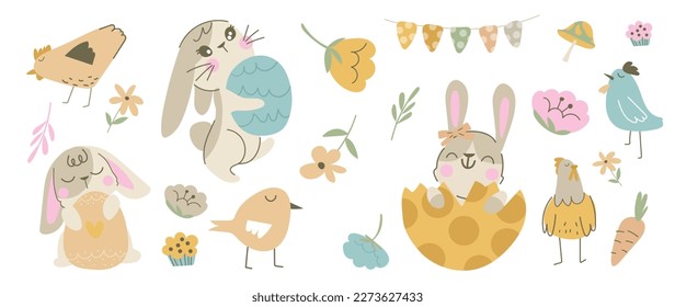 Happy Easter comic element vector set. Cute hand drawn rabbit, chicken, easter egg, spring flowers, leaf branch, mushroom. Collection of doodle animal and adorable design for decorative, card, kids.