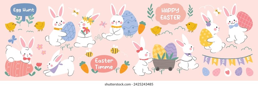 Feliz Pascua elemento cómico conjunto de vectores. Lindo conejo dibujado a mano, pollo, huevo de Pascua, flores de primavera, rama de hoja, mariposa. Colección de garabato animal y adorable diseño para decorativo, tarjeta, niños.