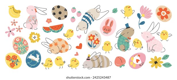 Happy Easter comic element vector set. Cute hand drawn rabbit, chicken, easter egg, spring flowers, watermelon slice. Collection of doodle animal and adorable design for decorative, card, kids.