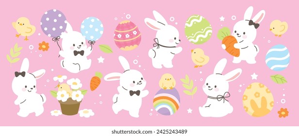 Feliz Pascua elemento cómico conjunto de vectores. Lindo conejo dibujado a mano, pollo, huevo de Pascua, flores de primavera, hoja, zanahoria, globo. Colección de garabato animal y adorable diseño para decorativo, tarjeta, niños.