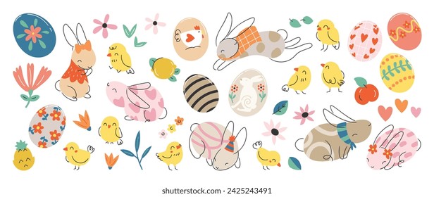 Happy Easter comic element vector set. Cute hand drawn rabbit, chicken, easter egg, spring flowers, pineapple, apple. Collection of doodle animal and adorable design for decorative, card, kids.