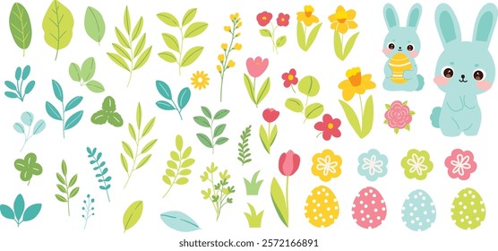 Happy Easter comic element vector set. Cute hand drawn rabbit, easter egg, spring flowers, leaf branch. Collection of doodle animal and adorable design for decorative, card, kids.