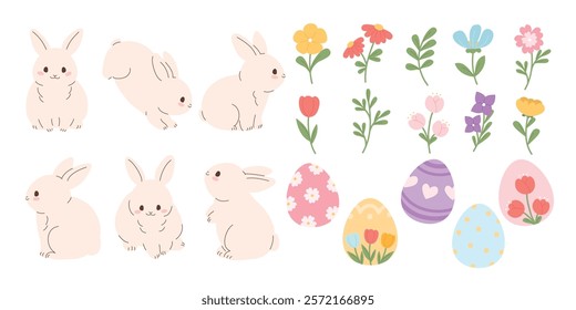 Happy Easter comic element vector set. Cute hand drawn rabbit, easter egg, spring flowers, leaf branch. Collection of doodle animal and adorable design for decorative, card, kids.