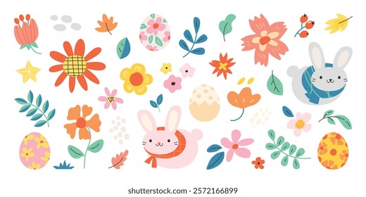 Happy Easter comic element vector set. Cute hand drawn rabbit, easter egg, spring flowers, leaf branch. Collection of doodle animal and adorable design for decorative, card, kids.