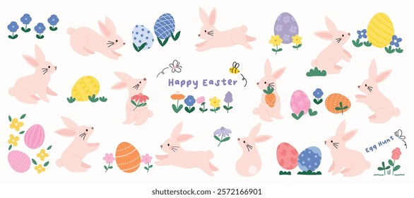 Happy Easter comic element vector set. Cute hand drawn rabbit, easter egg, spring flowers, leaf branch, butterfly, bee. Collection of doodle animal and adorable design for decorative, card, kids.