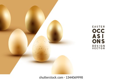 Happy Easter composition with gold and cream Easter eggs. Vector illustration.