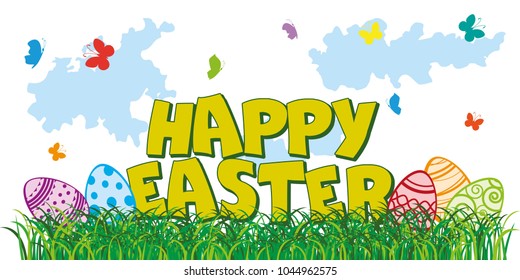 Happy Easter. Easter composition, greeting inscription on the background of grass.