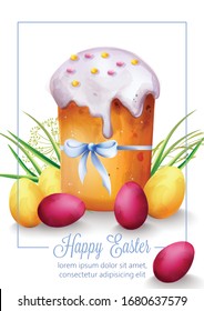 Happy Easter composition with holiday bread, green grass and colorful eggs