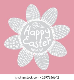 Happy easter composition with lace towel and painted eggs and lettering rose grey and white colors