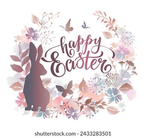Happy Easter composition with rabbit, flowers and butterflies in watercolor style. Easter greeting card design. Vector illustration.